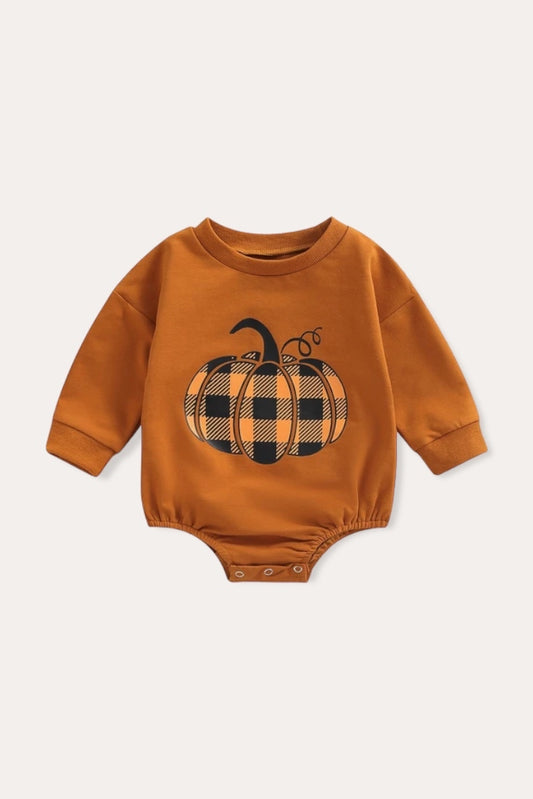 Plaid Pumpkin Long Sleeve Romper | Orange