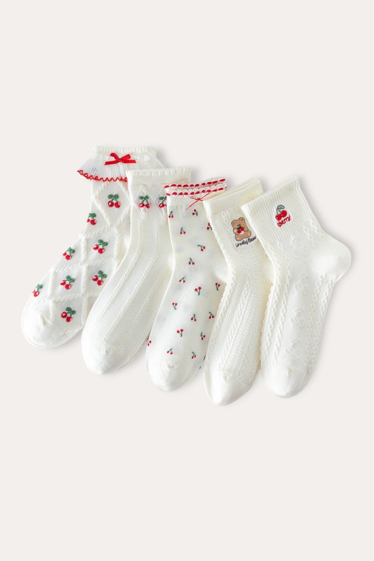 5 Pack Cherry Socks | White