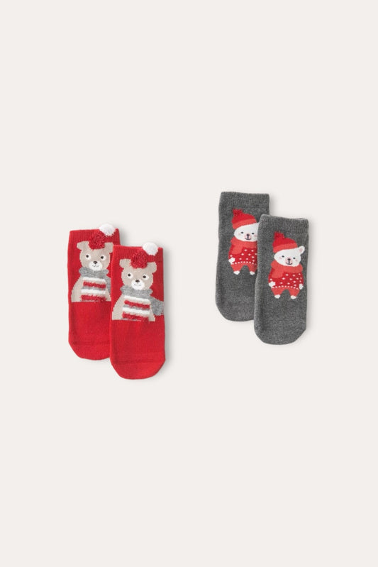 Holiday Bear Pack Of 2 Socks | Red Gray