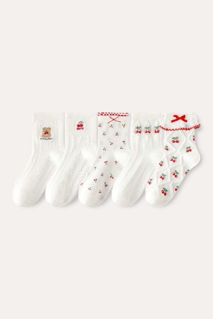 5 Pack Cherry Socks | White