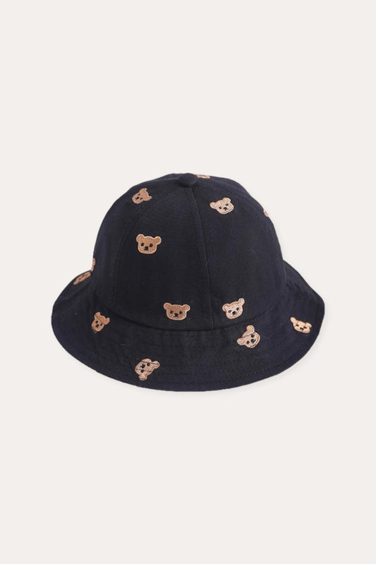 Cartoon Bear Head Embroidered Bucket Hat | Black