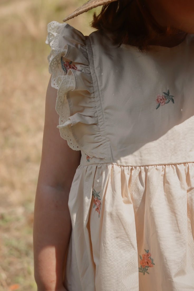 Flutter Sleeves Dress with Handmade Embroidery | Beige