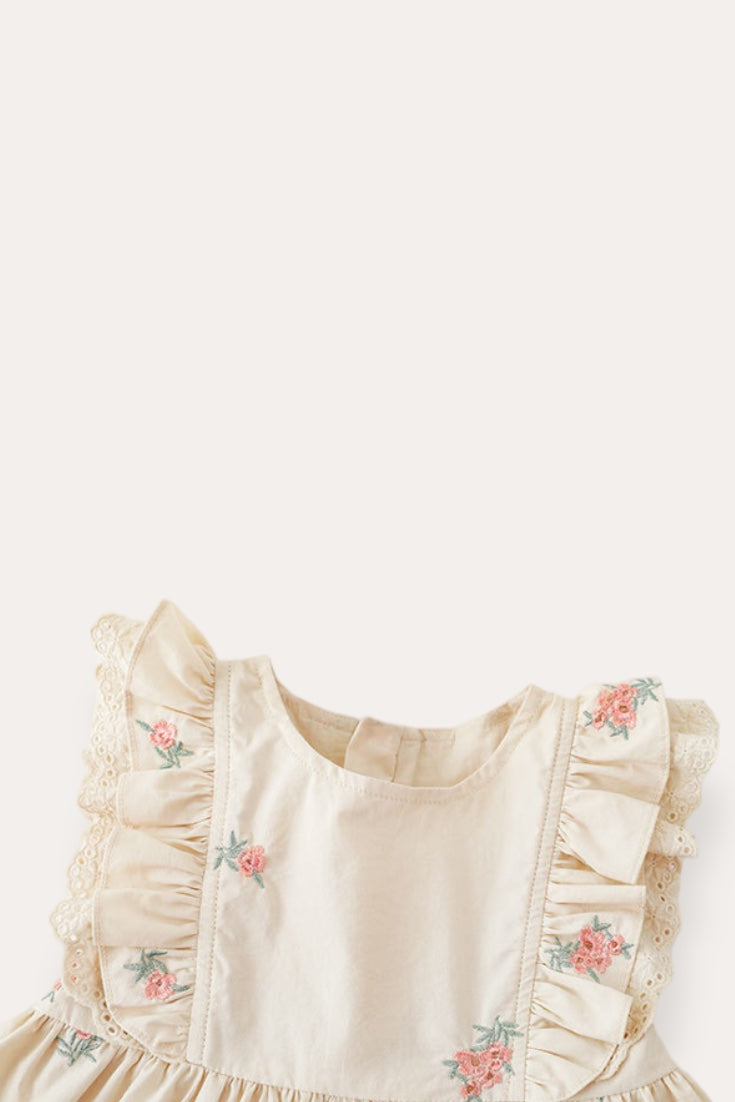 Flutter Sleeves Dress with Handmade Embroidery | Beige