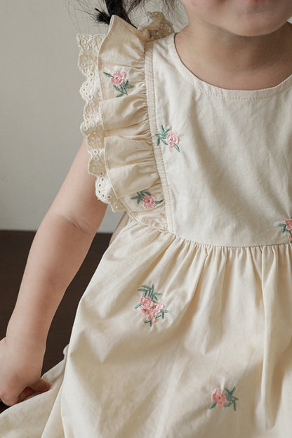 Flutter Sleeves Dress with Handmade Embroidery | Beige