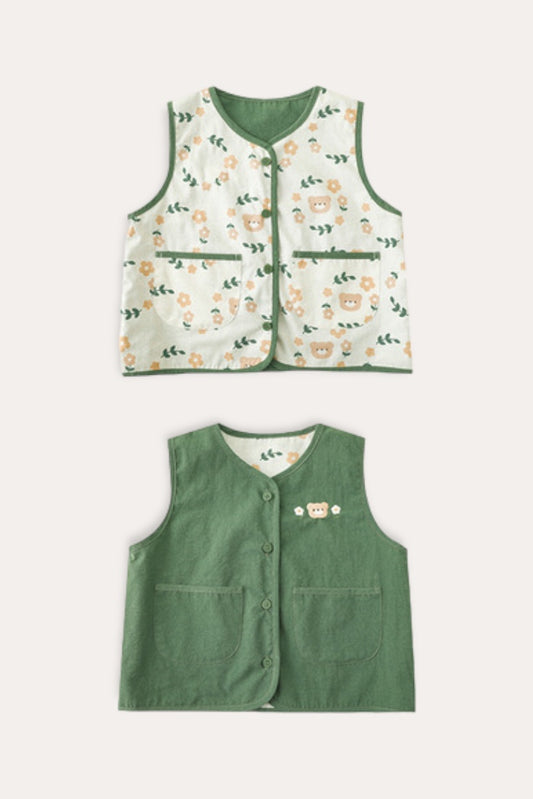 Bear Flower Plaid Reversible Vest | Green Beige
