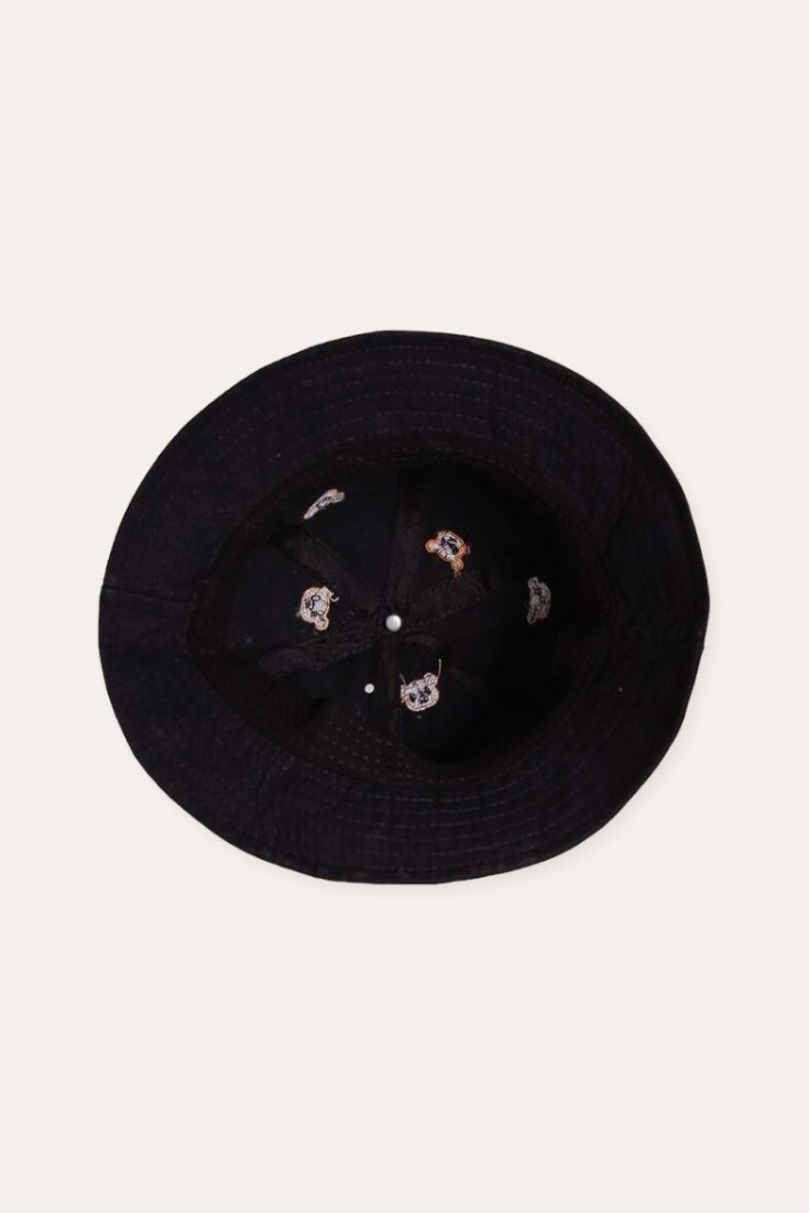 Cartoon Bear Head Embroidered Bucket Hat | Black