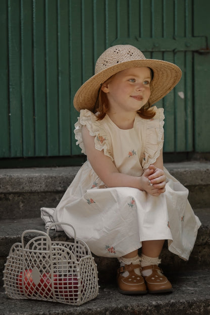 Flutter Sleeves Dress with Handmade Embroidery | Beige