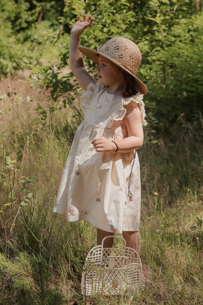 Flutter Sleeves Dress with Handmade Embroidery | Beige