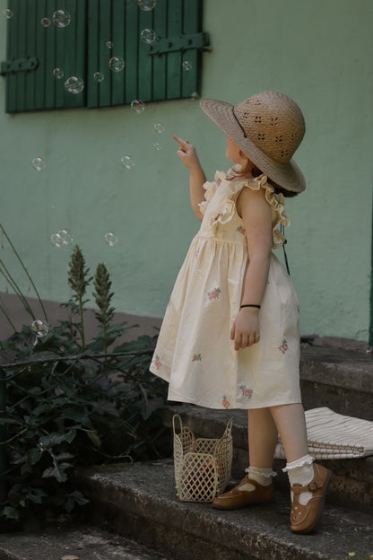 Flutter Sleeves Dress with Handmade Embroidery | Beige