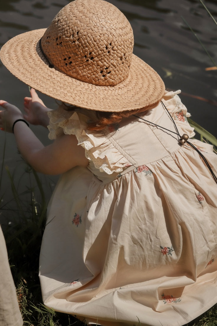 Flutter Sleeves Dress with Handmade Embroidery | Beige