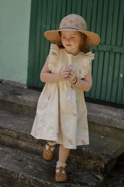 Flutter Sleeves Dress with Handmade Embroidery | Beige