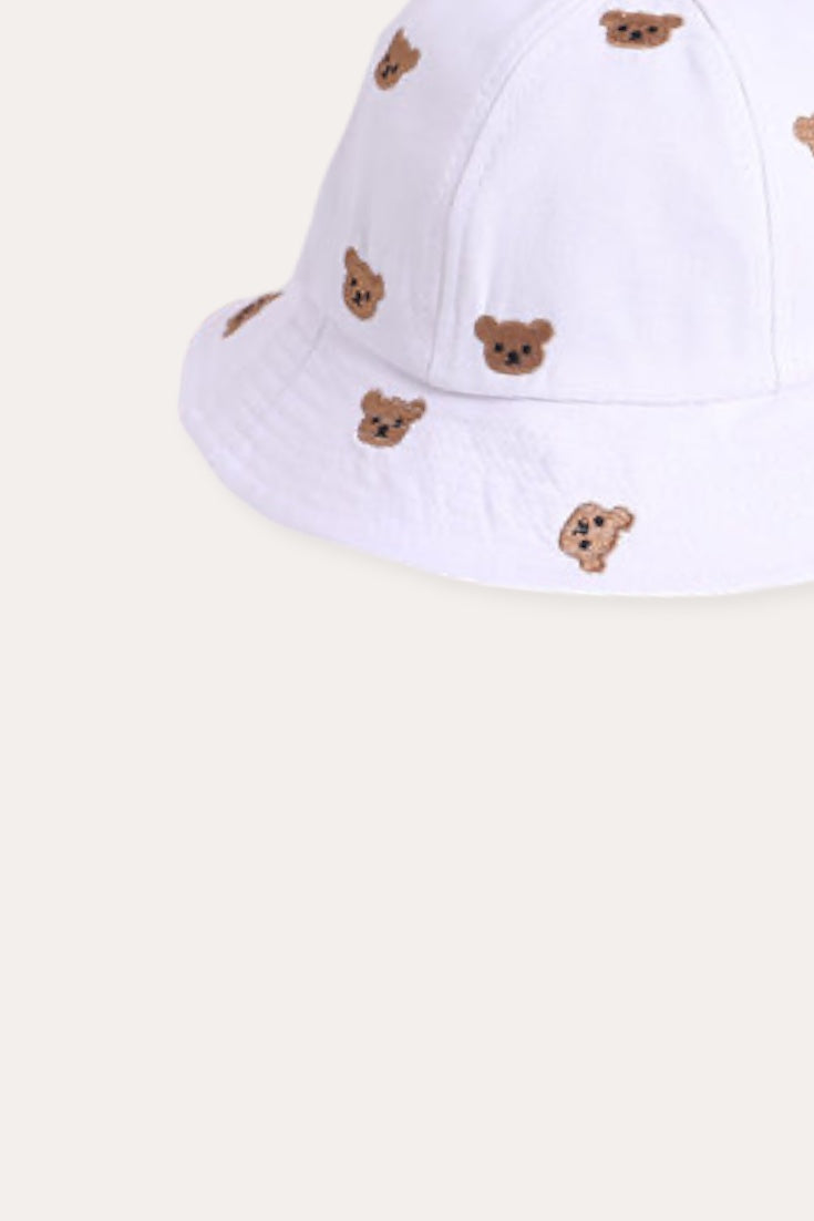   Cartoon Bear Head Embroidered Bucket Hat | White 