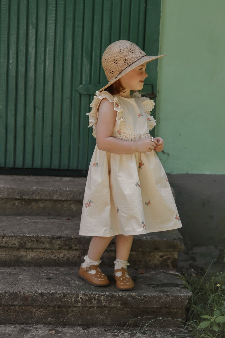 Flutter Sleeves Dress with Handmade Embroidery | Beige