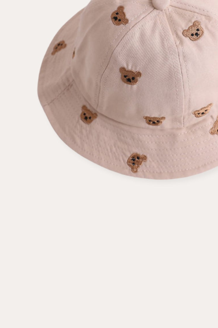 Cartoon Bear Head Embroidered Bucket Hat | Beige
