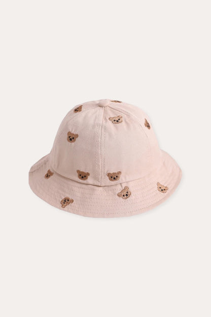 Cartoon Bear Head Embroidered Bucket Hat | Beige