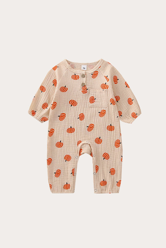 Halloween Pumpkin Pattern Linen Jumpsuit | Beige