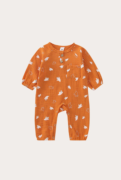 Halloween Ghost Print Linen Jumpsuit | Orange