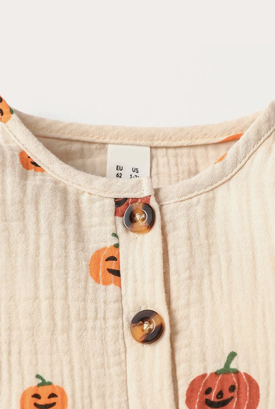 Halloween Pumpkin Print Linen Jumpsuit | Beige