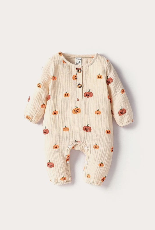 Halloween Pumpkin Print Linen Jumpsuit | Beige