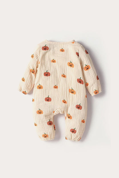 Halloween Pumpkin Print Linen Jumpsuit | Beige