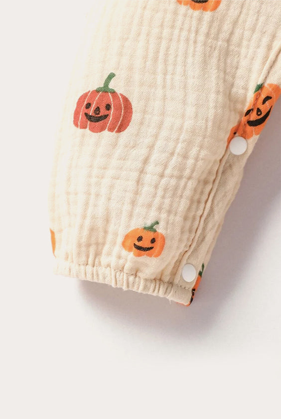 Halloween Pumpkin Print Linen Jumpsuit | Beige