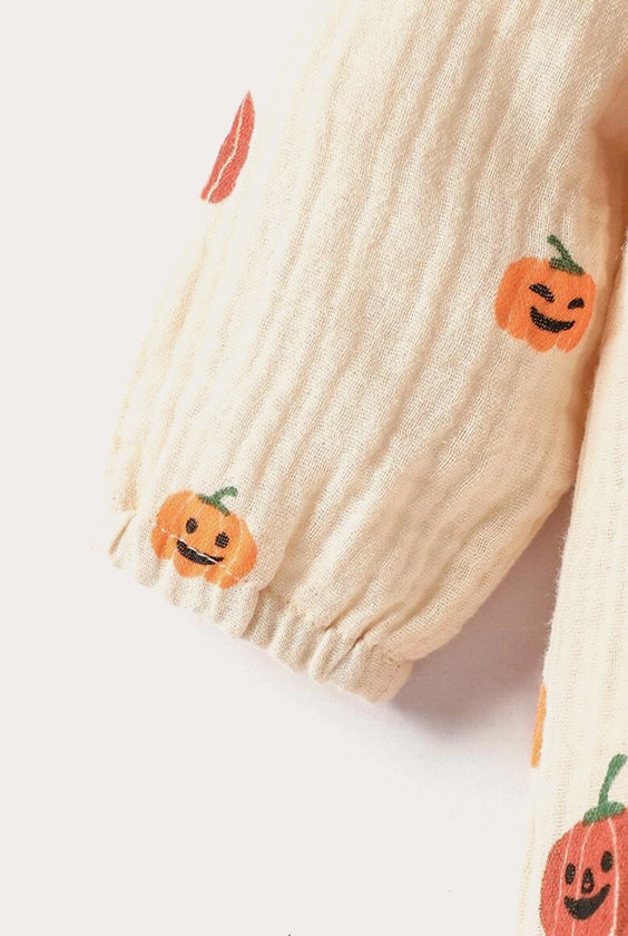 Halloween Pumpkin Print Linen Jumpsuit | Beige