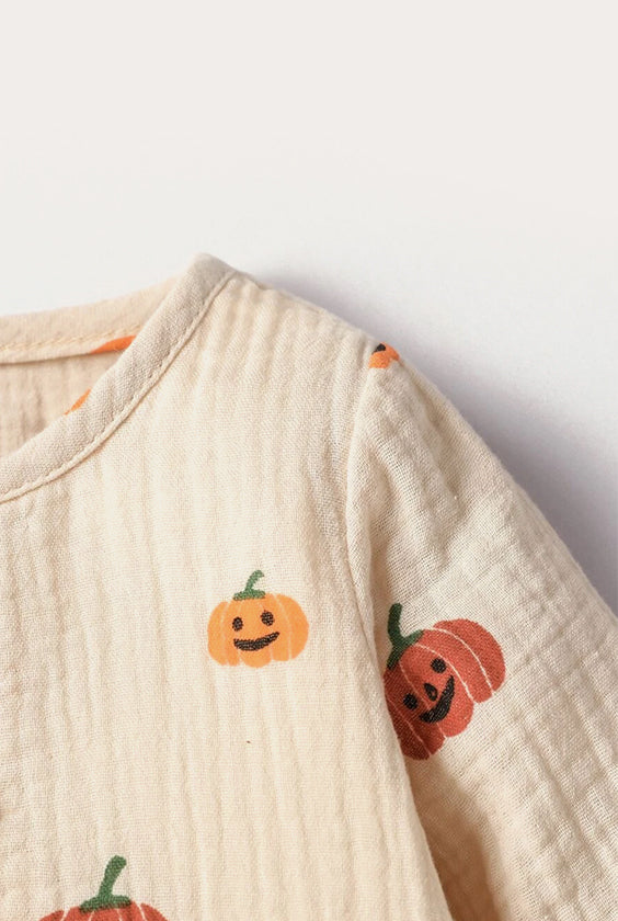 Halloween Pumpkin Print Linen Jumpsuit | Beige