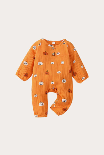 Halloween Pumpkin Print Linen Jumpsuit | Orange