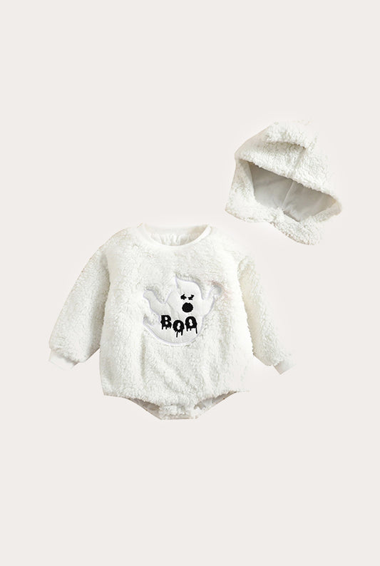 Halloween Winter Fur Romper + Hat | Ghost Print