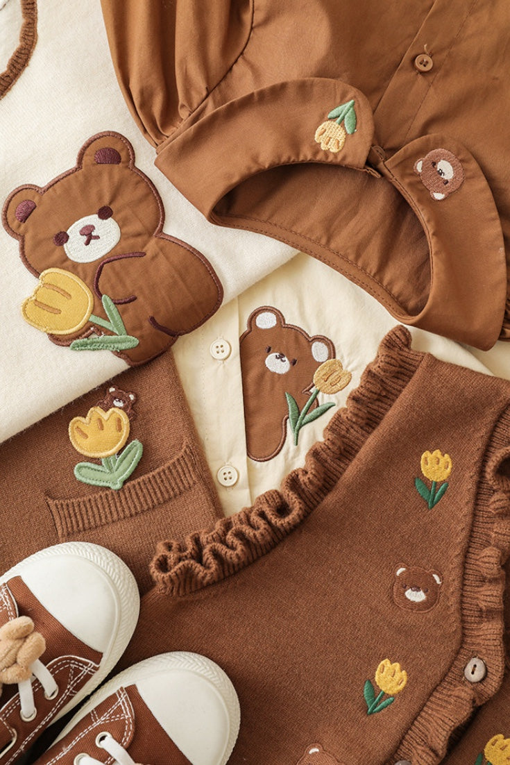 Tulip Bear Flower Embroidery Blouse | Brown