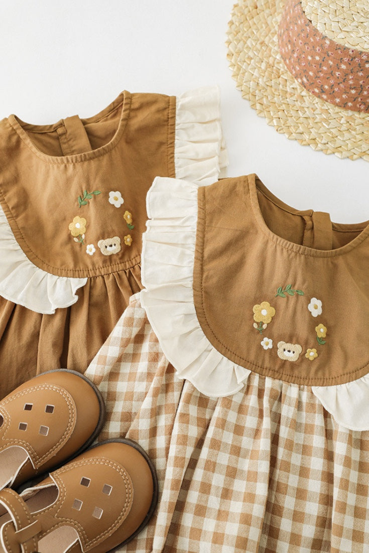 Bear Flower Check Dress | Cocoa Gingham Mustard