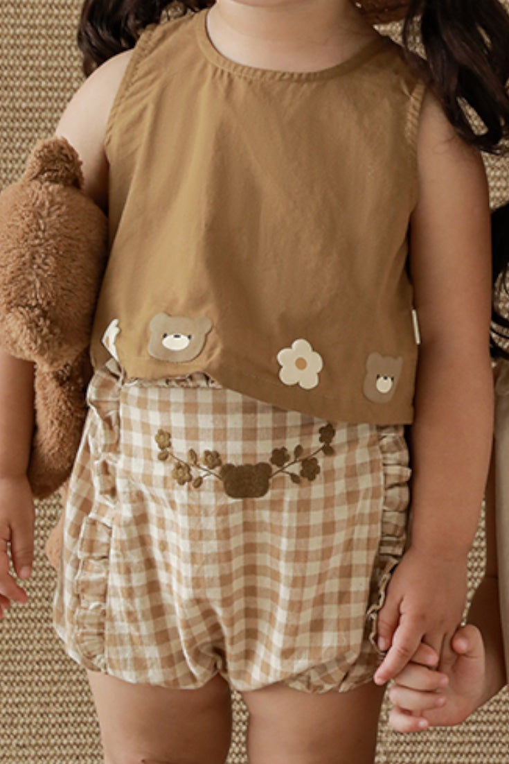 Bear Flower Check Bloomers | Cocoa Gingham