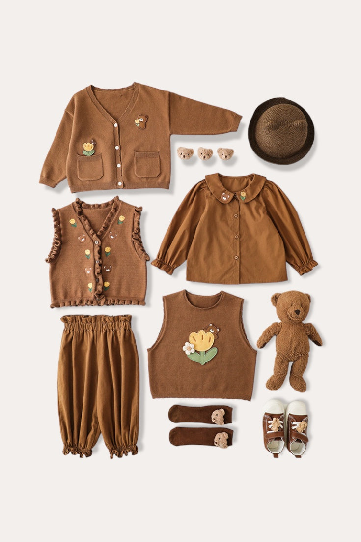 Tulip Bear Flower Embroidery Blouse | Brown