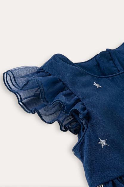 Star Flutter Sleeve Tulle Dress With Bag | Navy